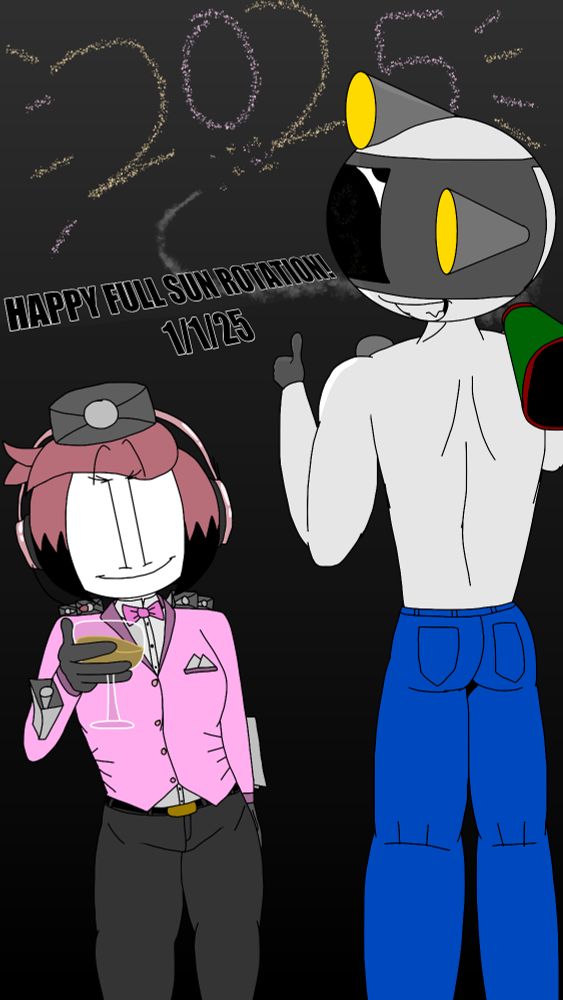 Siren Woman in a suit, doing the great Gatsby movie pose. You know the one. Flash Man is shirtless and he has a firework launcher, which he used to fire fireworks in the pattern spelling "2025".