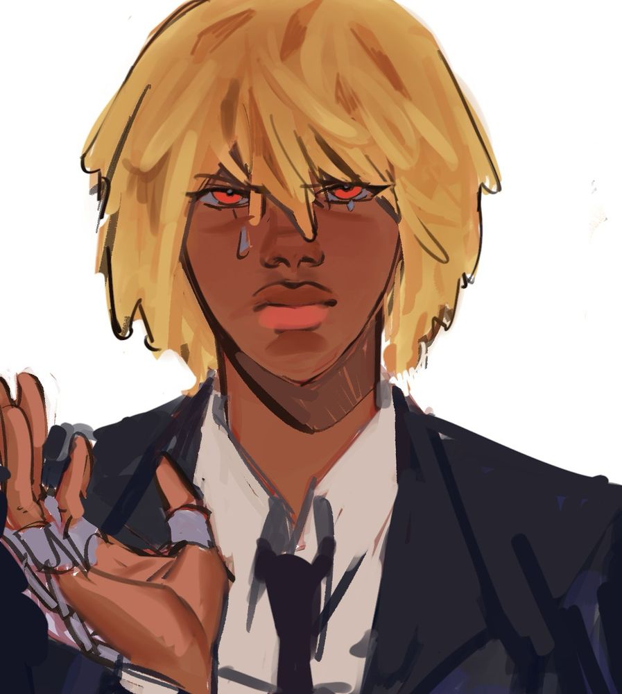 a rough painting of kurapika from hunter x hunter. tears stream down his eyes with an expression of rage/grief as he looks directly at the viewer. he is wearing a suit and holding a hand up with his chains. the artist has put their own spin on his design and he is depicted with Black features. his hair has been changed into locs.