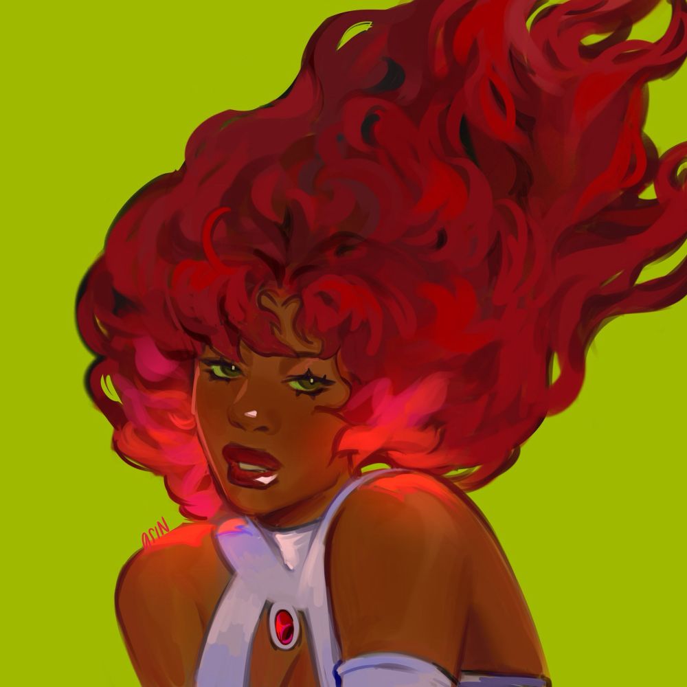 fanart of starfire based off megan thee stallion's halloween costume. her red hair is floating, and the artist has rendered the hair so that it glows.