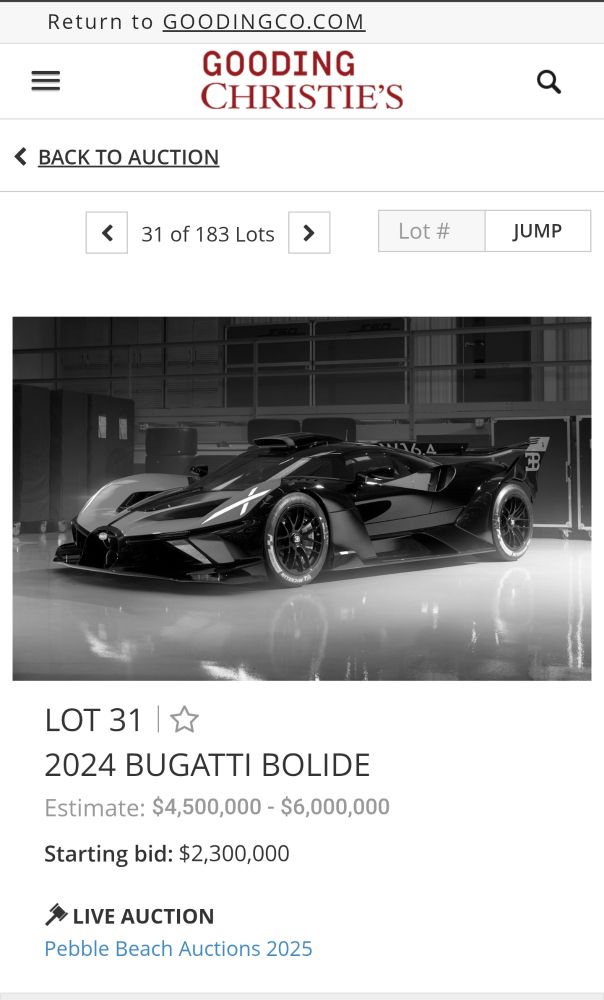 Pebble Beach auction listing of a black 2024 Bugatti Bolide