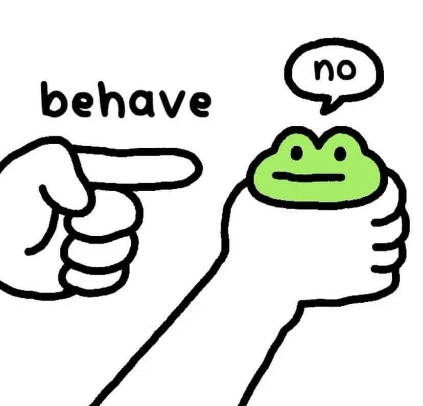 hands holding a frog, someone offscreen says "behave" frog says "no"