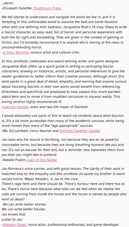 blurbs about the zine from El Sandifer, Penn Wiggins, Leeman Kessler, Ed Lambert, Nat Pudim, and Alasdair Stuart