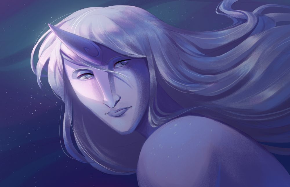 A portrait painting of a humanoid woman with light purple skin, long white hair, and a unicorn horn on her forehead.