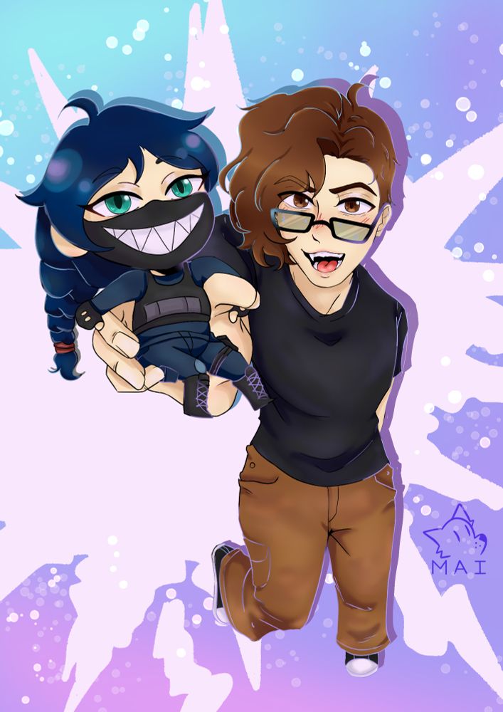 Me with my Oc (Alpha) in my hand chibi version
