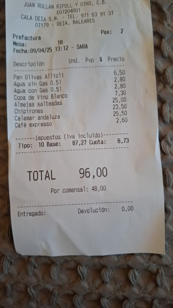 96 euron lasku kahden hengen lounaasta