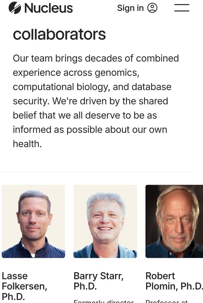 Page des collaborateurs académiques de Nucleus avec notamment Robert Plomin, un ponte de la génétique du QI.