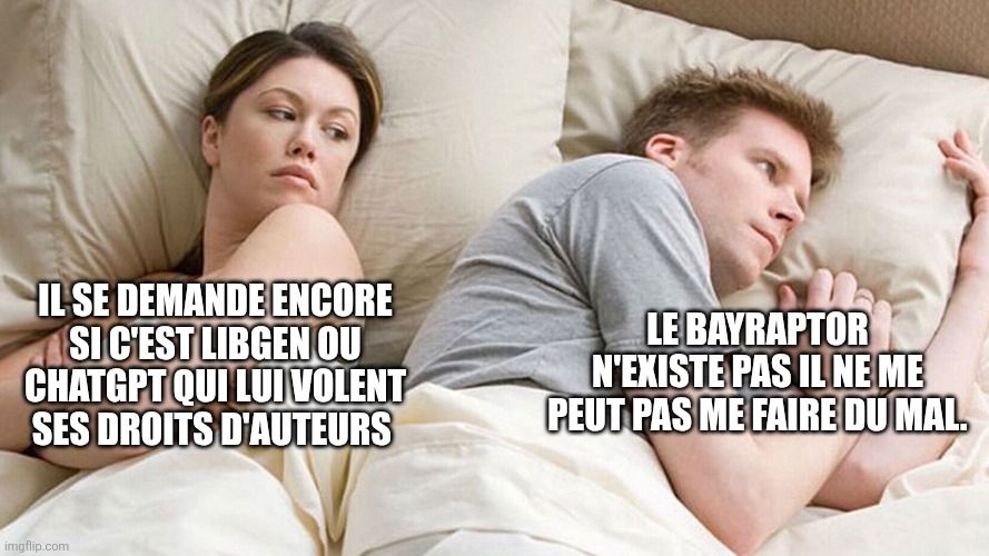 Meme du gars qui pense dans son lit avec sa compagne, elle "Il se demande encore si c'est libgen ou chatgpt qui lui volent ses droits d'auteurs" lui "Le Bayraptor n'existe pas il ne me peut pas me faire du mal."