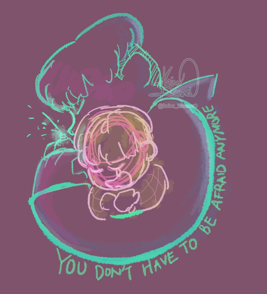 At the center depict a child crying and hugging himself in fear, the outer lineart draws a hand embracing the child, with word outline written "You dont have to be afraid anymore". It appears to be Guy Gardner (green line) holding his inner child (pink outline) close, his power ring bursting light suggesting he's a green lantern now, all grown up from his troubled childhood. I wish we could hug our inner child and tell them not to be afraid anymore..
