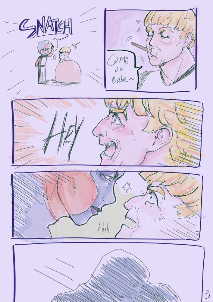 Seeing Michael coming to get him, Guy teases again with the Pocky stick on his pout up mouth,"Come on Babe~", thinking Michael is on for the Pocky Game (where two person share the same Pocky Stick and chip away so they close in to kiss). Suddenly Michael snatch away the Pocky Stick in Guy's mouth. Alerted, Guy shouted "Hey", displeased of his Pocky being snatched away and broke the Game. When out of the blue Michael close in towards Guy's face, which the latter was surprised and backed away. They fall into a kiss in a dark connected silhouette.