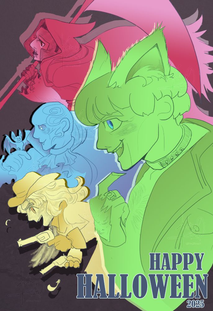 The Justice Gang in their halloween costume! The green patch is Guy in Werewolf form; Yellow patch area is Kendra in Cowgirl with the hat and holding two guns; Blue patch color is Rex (Metamorpho) as Vampire with a little Bat on his finger and lastly Michael Holt in the red color patch is the Grim reaper with the scythe. below has a text written Happy halloween 2025