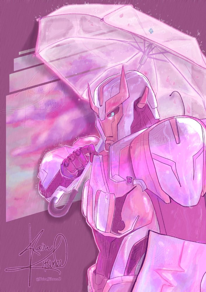 Ratchet (from Transformers Prime) holding a transparent umbrella as he stood under a gloomy pink clouds. It painted him in pink as the rain hit him in some parts of his body not covered by the umbrella. The umbrella had some pink petals on it and also a blue flower on top of it that looks strangely like a forget-me-not.