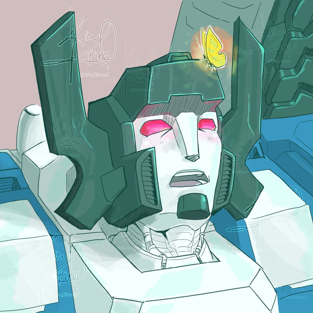 IDW Fortress Maximus looking up surprised, finding a little glowing yellow butterfly landed on his helm