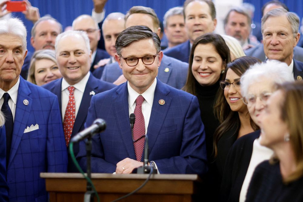 An image of the House Republicans, with Speaker Johnson standing at a podium. 