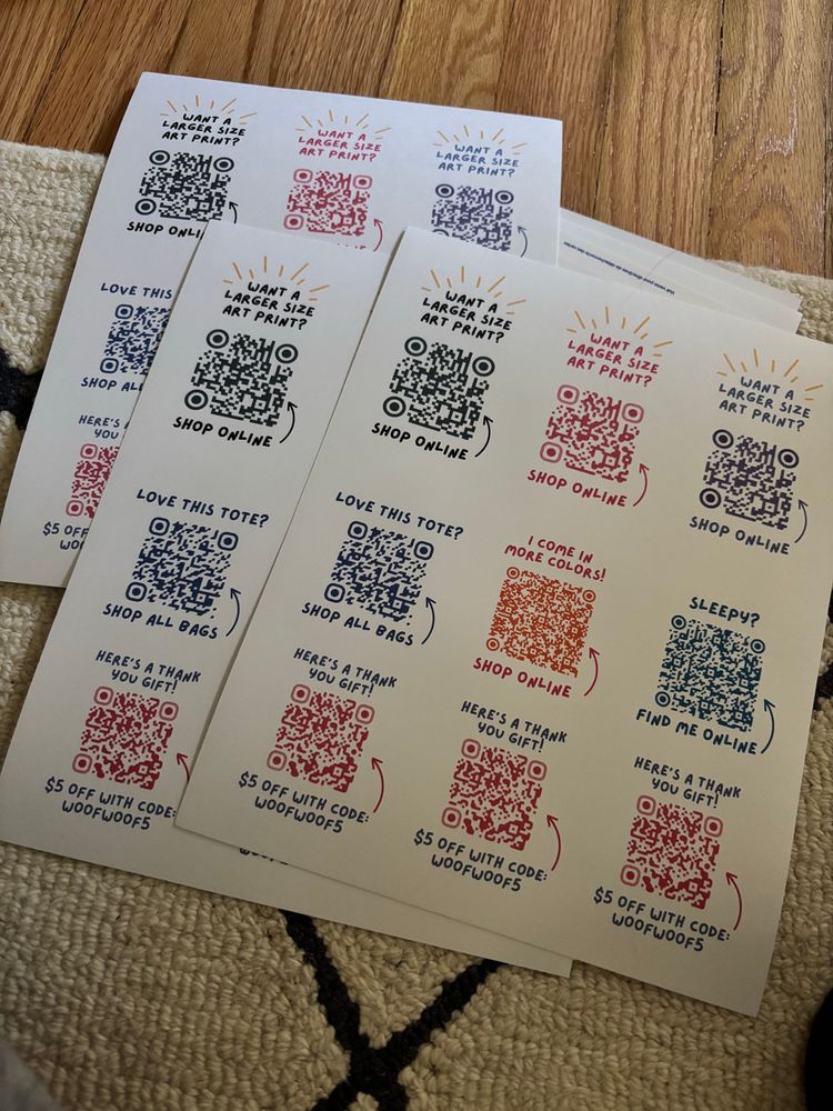 Paper with tags and QR codes to shop at www.sleepychi.com