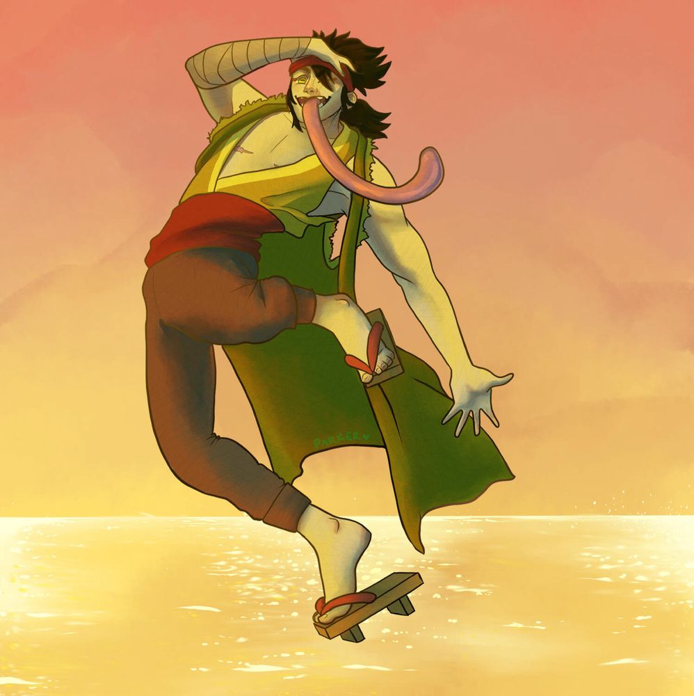 A frog-like man jumping through the air. He is wearing a tank top that exposes his chest, pants, and geta. 