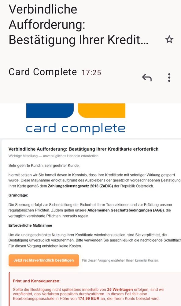  #Betrugsversuch / #SCAM via E-Mail vorgeblich von Card Complete