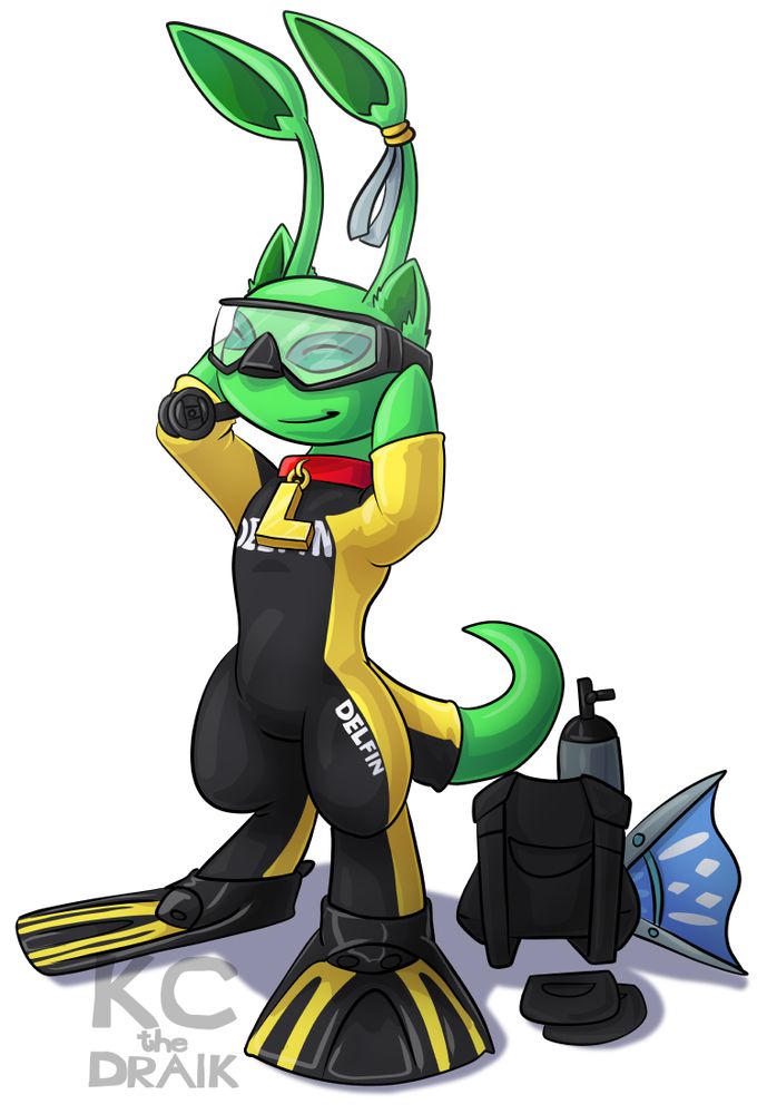 A green Neopets Aisha gearing up in a scuba outfit for a swim! 
