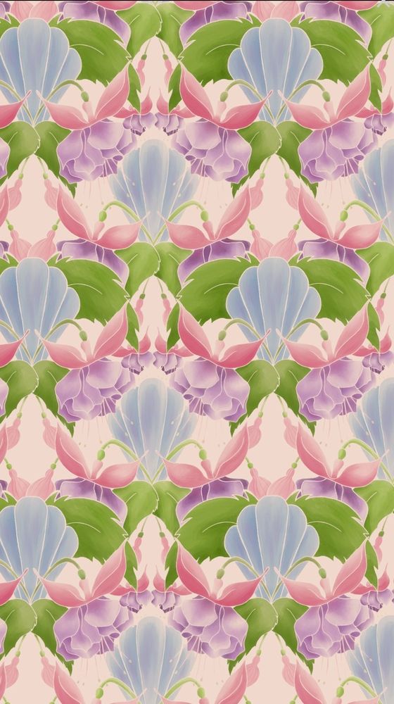Pattern of purple and pink Fuchsia flowers with green leaves, blue shells and a soft pastel salmon pink background 