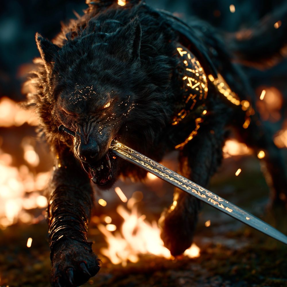 Fenrir, the giant wolf of Ragnarok, running through a fiery battlefield at night, sword gripped firmly by the hilt between his teeth, blade extending straight forward from his mouth, golden Nordic runes glowing across his dark fur, trails of gold and silver energy streaming behind him, embers and smoke swirling in the air, cinematic photorealistic action shot, dynamic motion, dramatic lighting, ultra-detailed fur and metal textures.