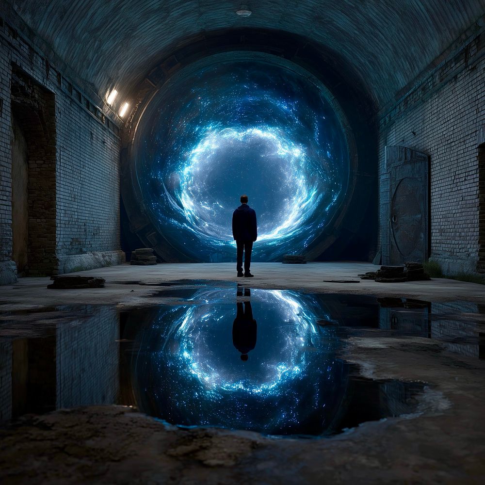 A singularity vortex in an underground secret abandoned facility. An explorer stands before the singularity. Photorealistic shot with high detail. 