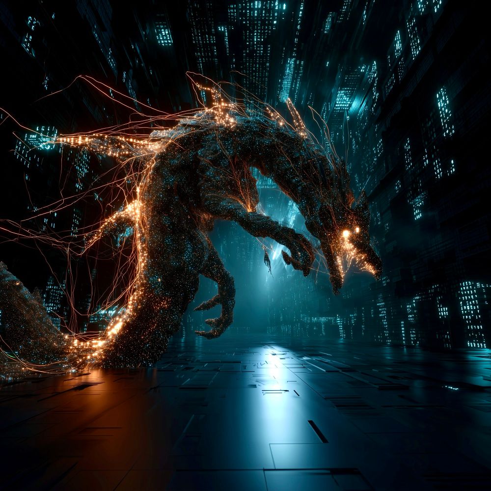 A dragon made of multiple digital lines of glowing computer code, being digitally constructed, inside a void data space, with pixelated data throughout the area.