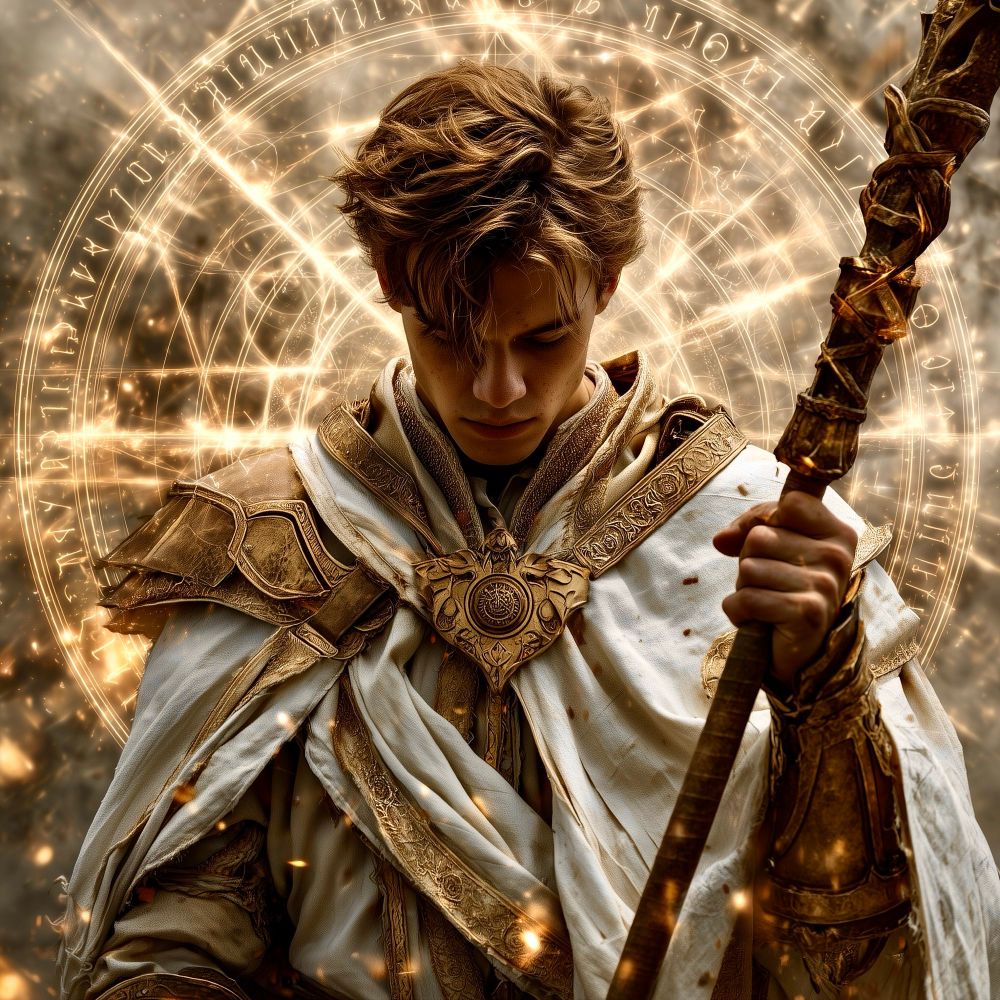A 25 year old male sage with light brown hair, wearing armored white and gold robes, channeling golden celestial magic through his staff. He stands with a magic ring while unleashing beams of magic from different points within the ring. The magic goes far all around the area in a powerful display of magic, outside on a large open battlefield. Cinematic action shot with bright effects.