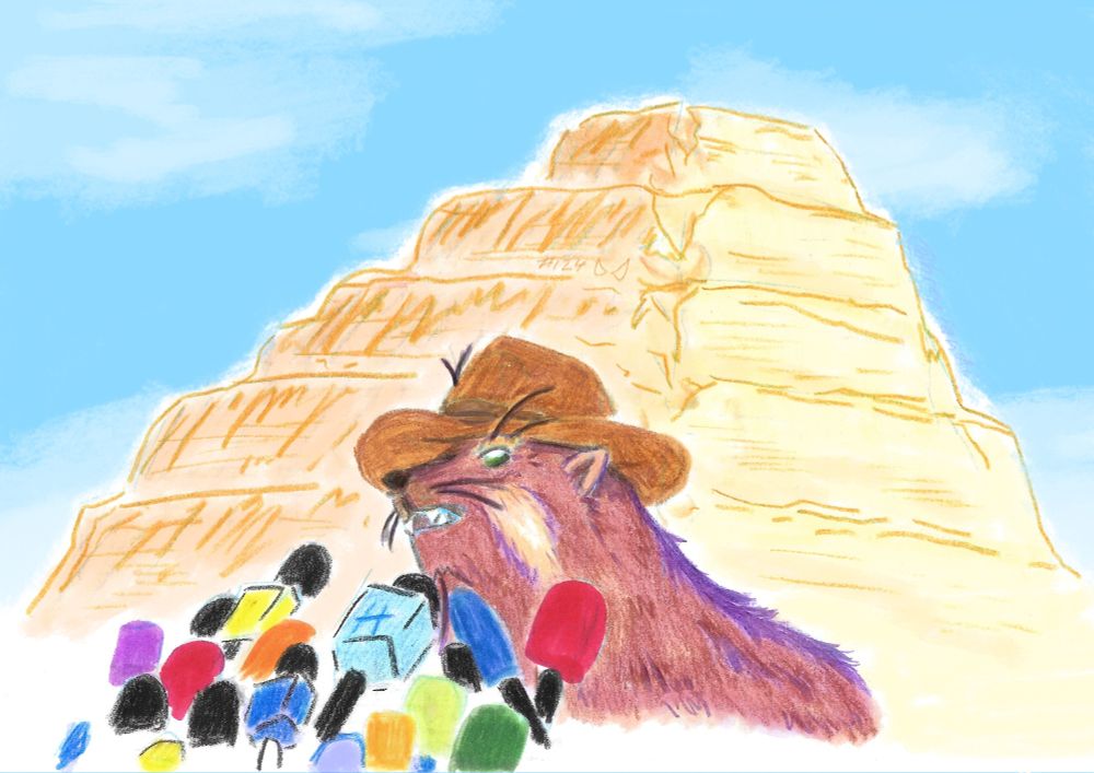Illustration of a hyrax in front of a pyramid and a whole bunch of microphones