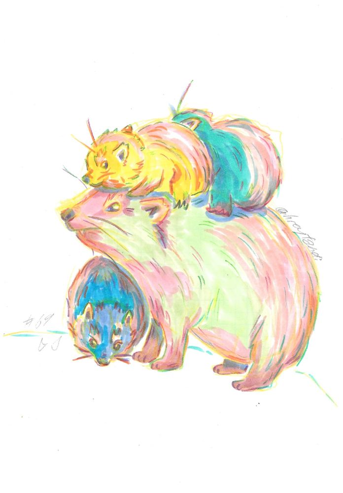 drawing of four colorful hyraxes, one big adult, with two smaller ones on her back and one in front of her