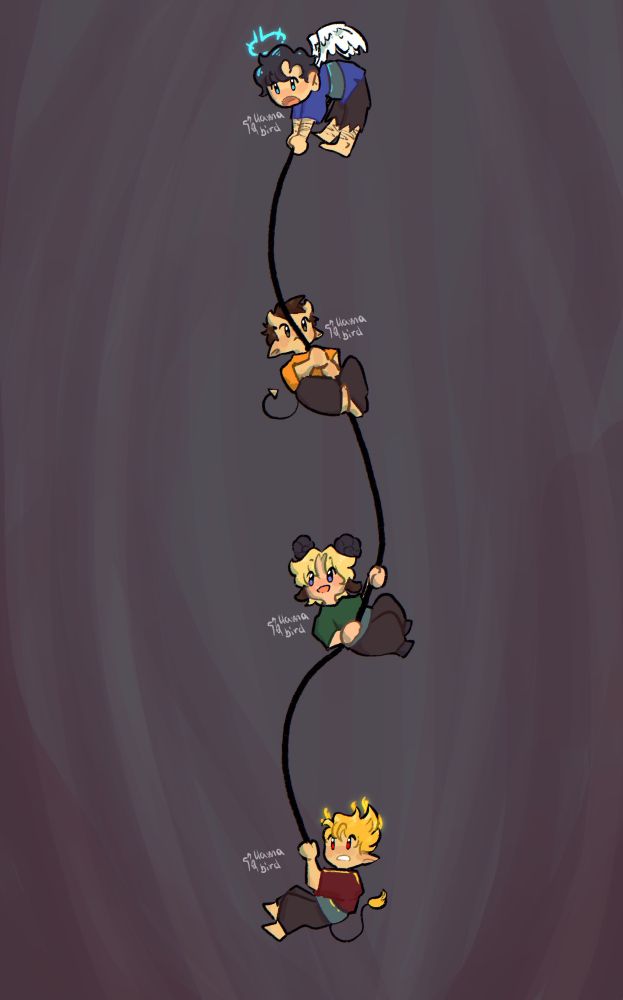 A cute drawing of Skizz, Impulse, Zed and Tango hanging fron a chain