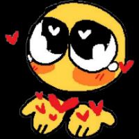 discord style emoji with hearts in their eyes, holding out hearts to viewer, with little tears at the corners of their eyes