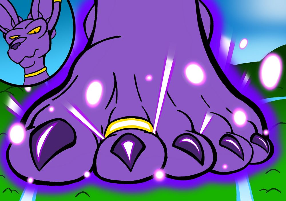 The giant God of destruction, using his humongous feet to indiscriminately destroy all the land around him. Lord Beerus, while indifferent to the destructive carnage he's causing, feels amused and pleased by this.