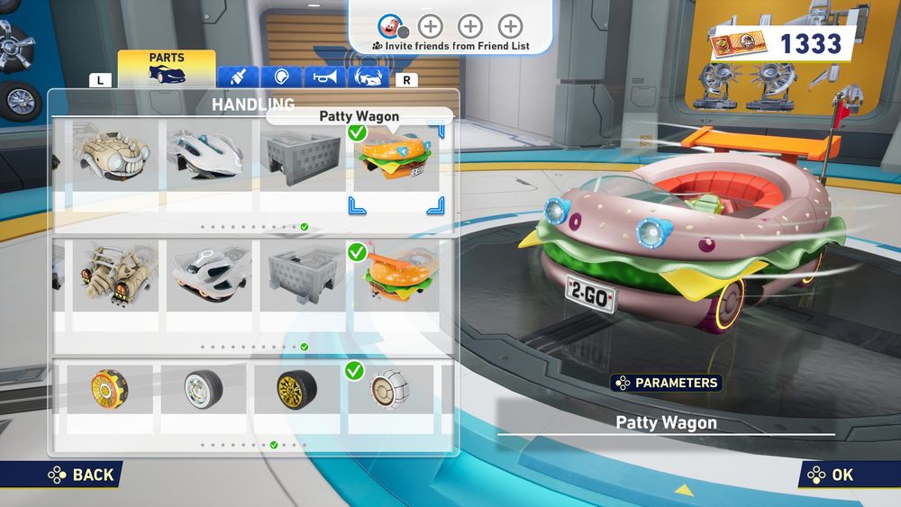 A vehicle customization screen in Sonic Racing CrossWords. The Patty Wagon from the Spongebob DLC is recolored and decorated to resemble the "Nasty Patty" from the Spongebob Squarepants episode of the same name.