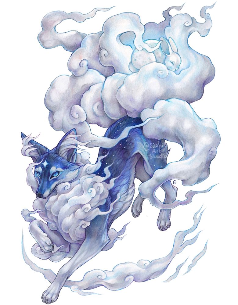A blue fox with stars in its fur and white clouds for a mane and 6 cloud tails. There is a white moon rabbit sleeping in the tails.
