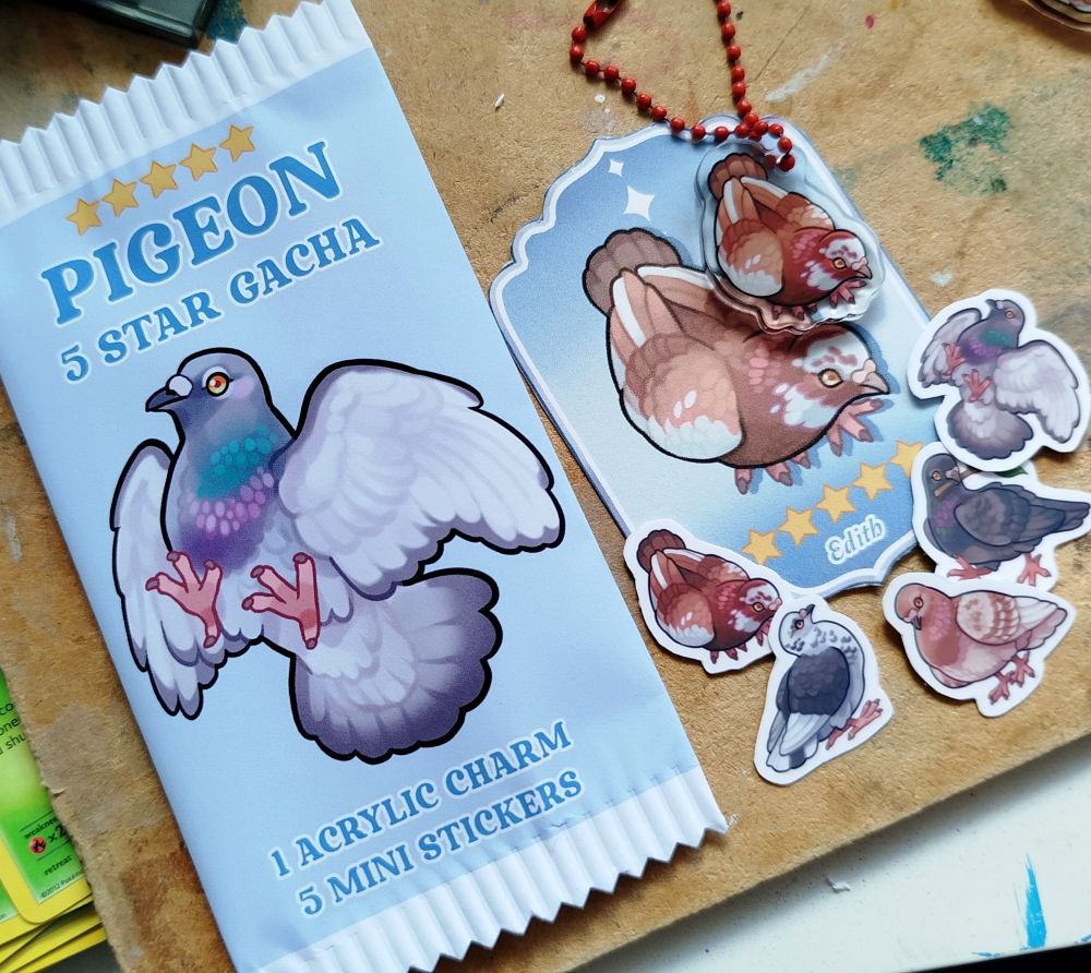 Five star pigeon gacha. Photo of a pack and it's contents: a mini pigeon acrylic charm and five stickers.