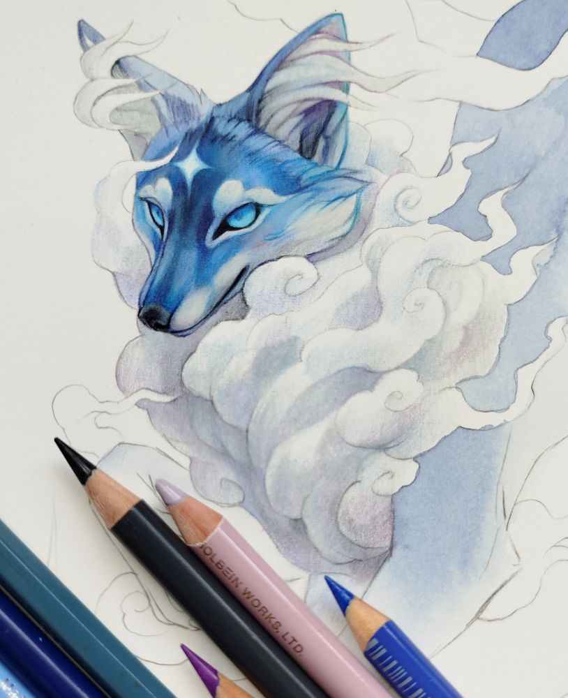 Wip drawing of a blue fox with white clouds for a mane.