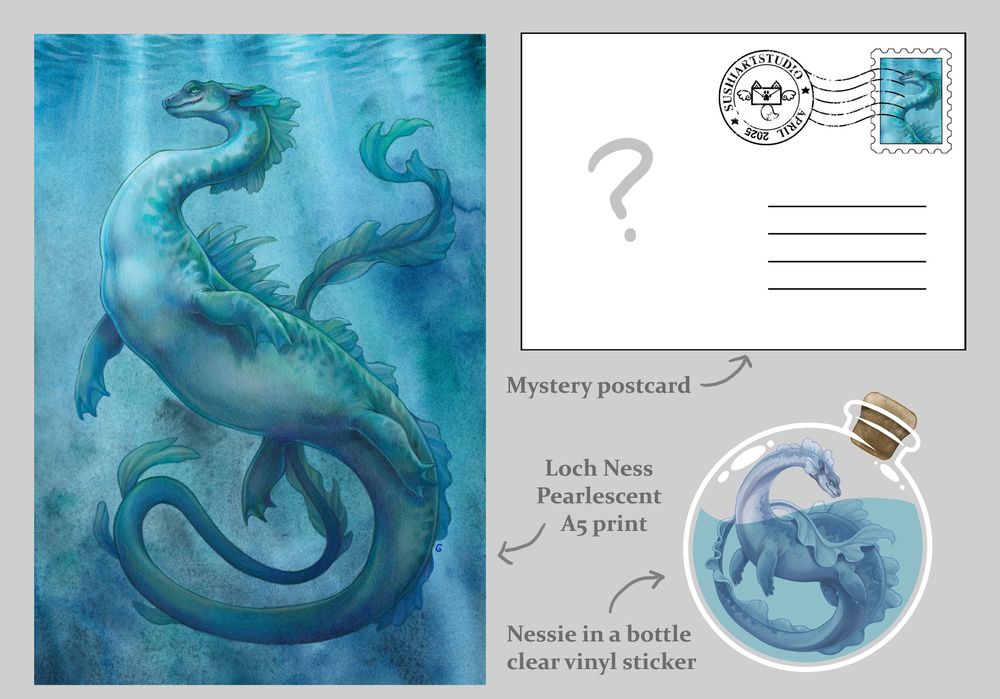 Visual list of April patreon rewards, A5 pearlescent print, mystery postcard design and bottle vinyl sticker 
