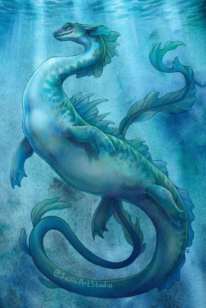 A traditional drawing of the Loch Ness monster in watercolour and pencils. Nessie floats serenely underwater amongst shafts of light.