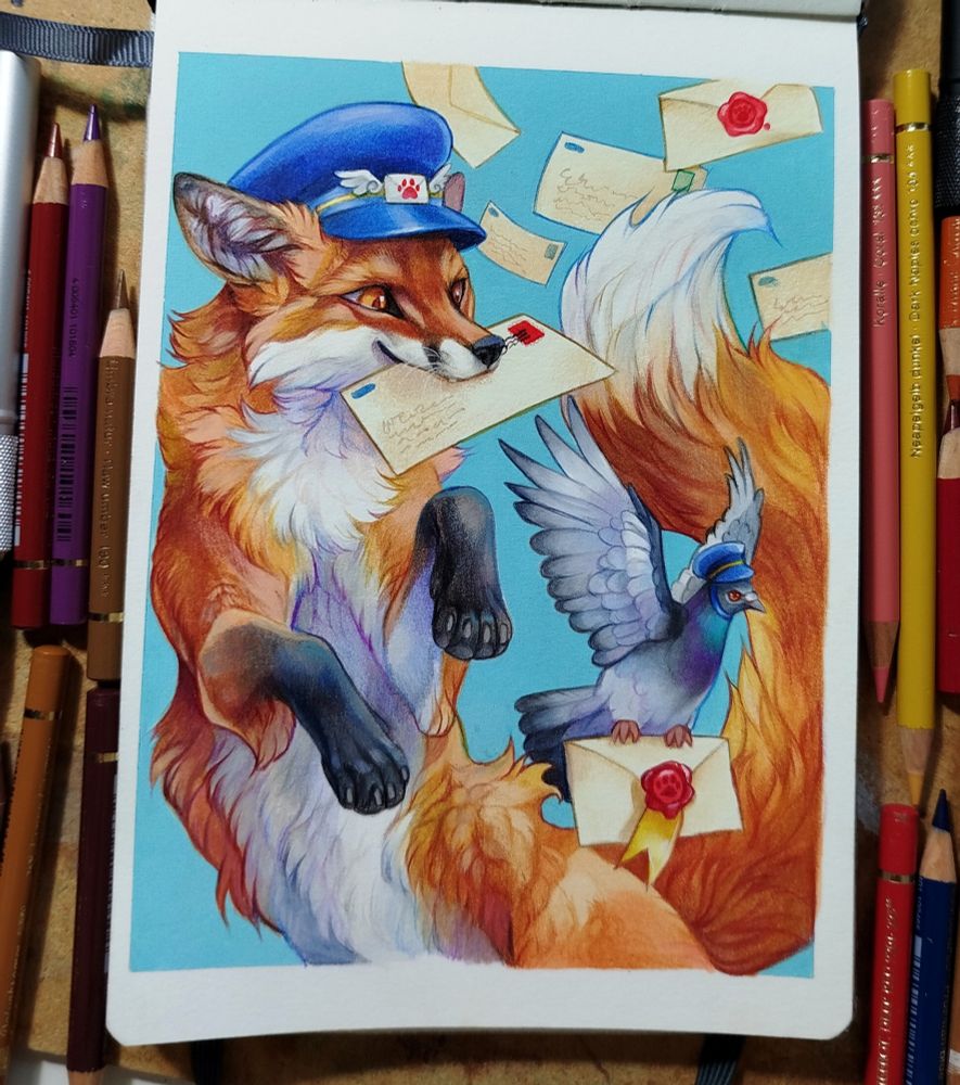 Sketchbook page drawing of a red fox and pigeon delivering mail with colour pencils 