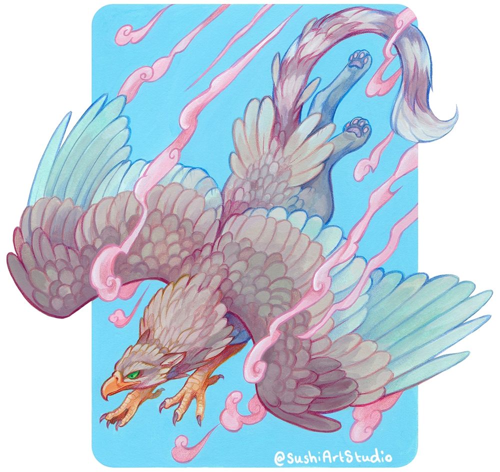 Painting of a griffon swooping downwards against blue sky and pink wispy clouds