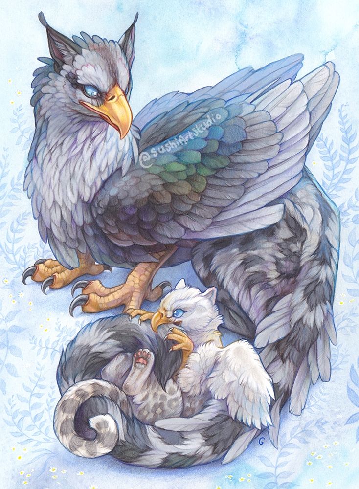 Pencil drawing of a grey adult griffon crouching with a white baby griffon biting it's tail