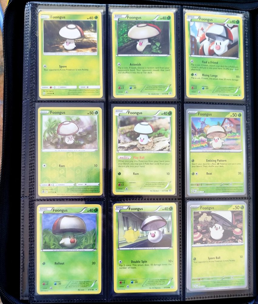 9 Pokémon trading cards each featuring a unique art of Foongus 
