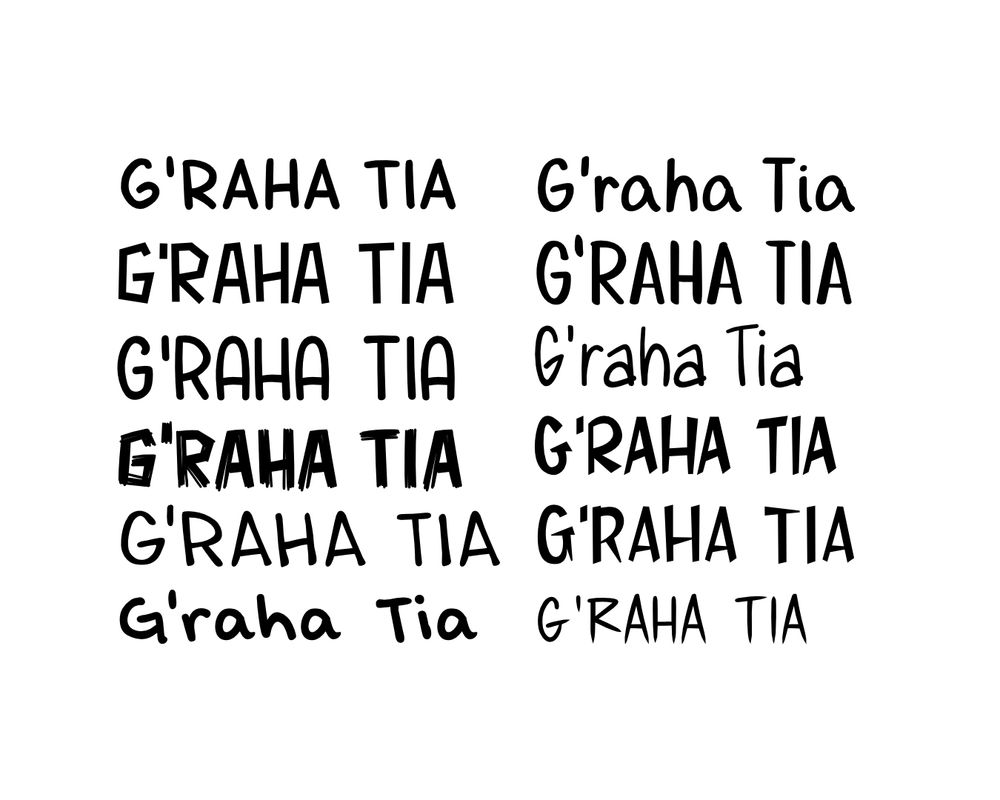The name "G'raha Tia" written in 12 different comic-style fonts.
