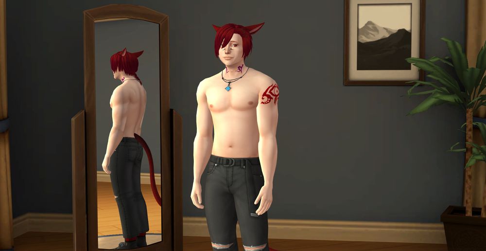 A shot of the G'raha Sim shirtless, he has his tattoo. He has a muscular chest and arms, and a healthy softness at his waist.