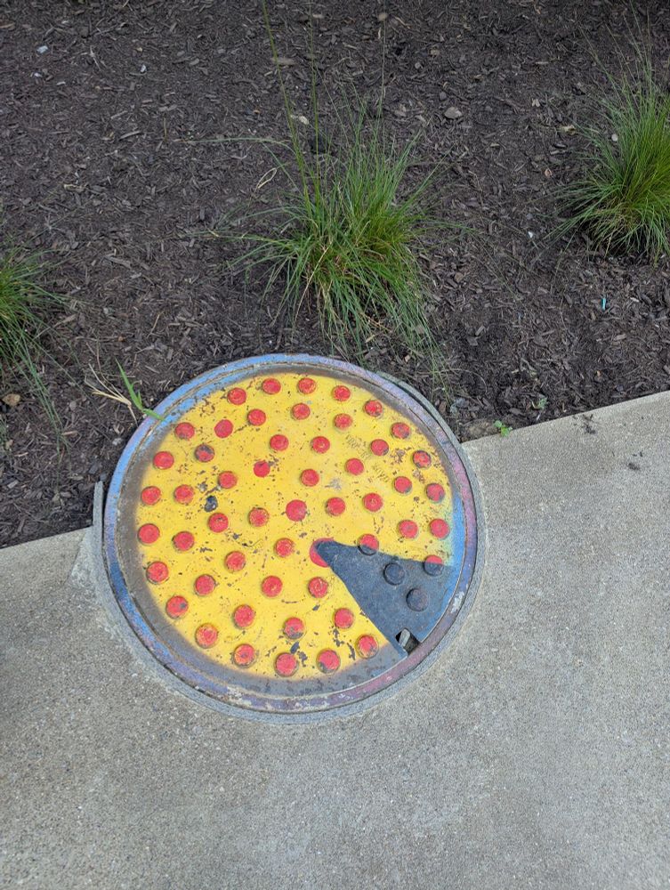 Photo of a sewer cover painted to look like a pepperoni pizza with a slice missing.