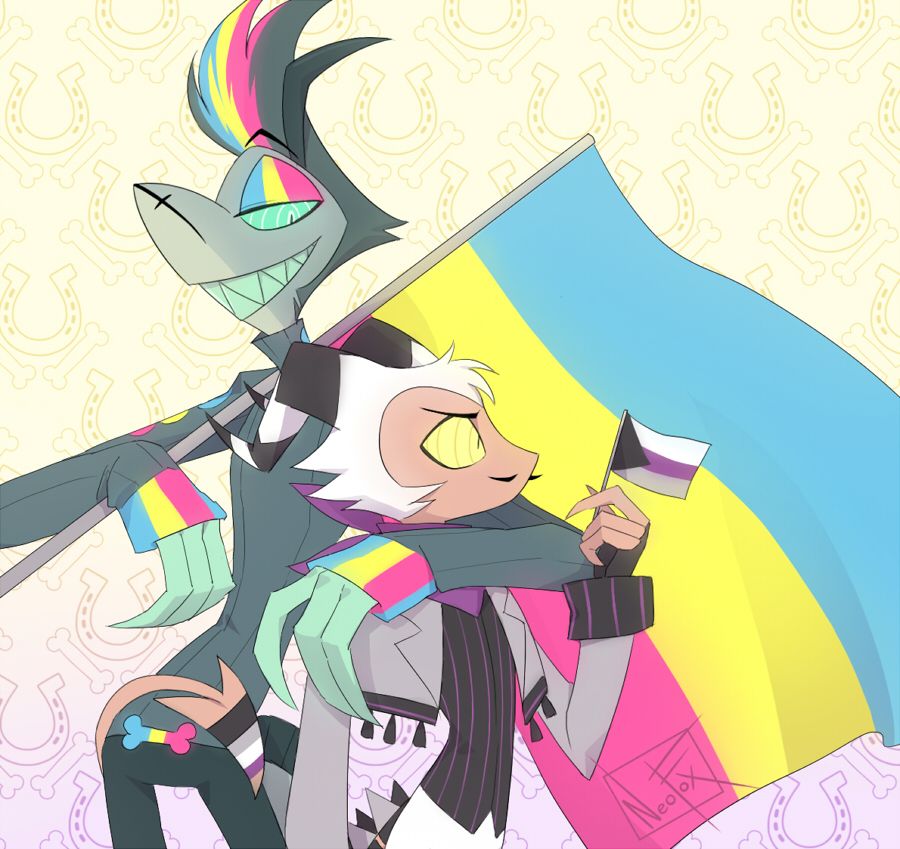 Chaz and Striker from Helluva Boss. Chaz holds a massive pansexual flag with a grin. Striker holds a teeny tiny demisexual flag quite confused. The background is a pattern of horshoes and bones.