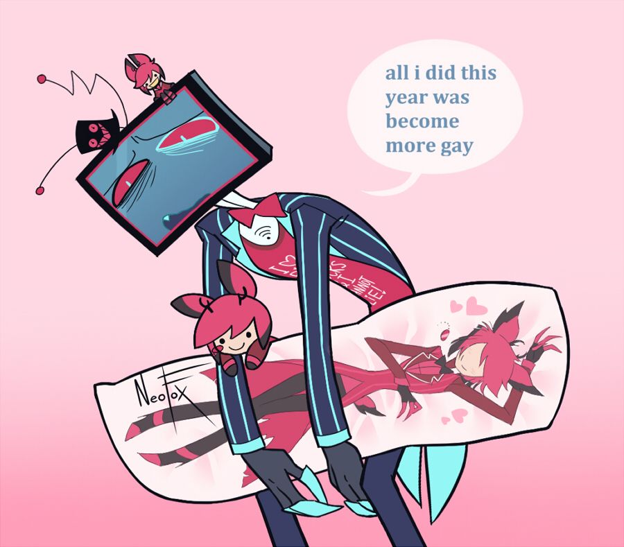 Vox (from Hazbin Hotel) is looking haggard, slumped over, holding an Alastor body pillow and plushie. He has an Alastor themed top hat, and screen sitter atop his head. On his shirt it says (tho slightly obscured), 'I ❤️big bucks & I cannot lie!" Vox himself says "all i did this year was become more gay".