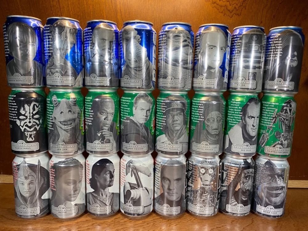 Collection of "Star Wars Episode I" Pepsi, Mountain Dew and Pepsi One cans from 1999.