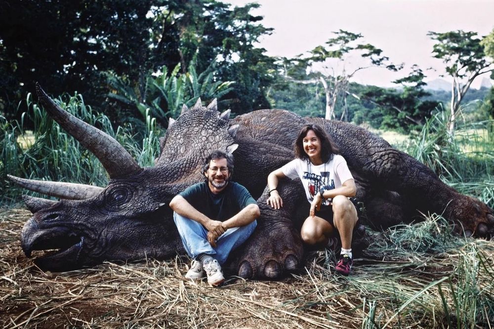 Steven Spielberg and Kathleen Kennedy with the triceratops on the set of "Jurassic Park" (1993)