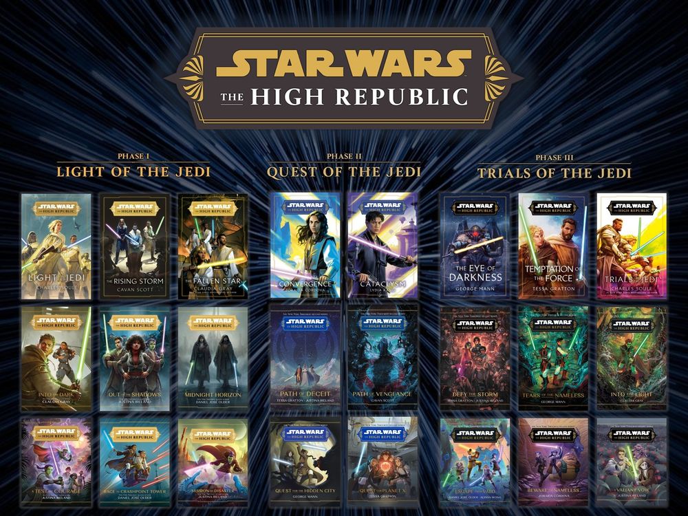 The books of "Star Wars: The High Republic."

Phase I: Light of the Jedi
• "Light of the Jedi" by Charles Soule
• "The Rising Storm" by Cavan Scott
• "The Fallen Star" by Claudia Gray
• "Into the Dark" by Claudia Gray
• "Out of the Shadows" by Justina Ireland
• "Midnight Horizon" by Daniel José Older
• "A Test of Courage" by Justina Ireland
• "Race to Crashpoint Tower" by Daniel José Older
• "Mission to Disaster" by Justina Ireland

Phase II: Quest of the Jedi
• "Convergence" by Zoraida Córdova
• "Cataclysm" by Lydia Kang
• "Path of Deceit" by Tessa Gratton and Justina Ireland
• "Path of Vengeance" by Cavan Scott
• "Quest for the Hidden City" by George Mann
• "Quest for Planet X" by Tessa Gratton

Phase III: Trials of the Jedi
• "The Eye of Darkness" by George Mann
• "Temptation of the Force" by Tessa Gratton
• "Trials of the Jedi" by Charles Soule
• "Defy the Storm" by Tessa Gratton and Justina Ireland
• "Tears of the Nameless" by George Mann
• "Into the Light" by Claudia Gray
• "Escape from Valo" by Daniel José Older and Alyssa Wong
• "Beware the Nameless" by Zoraida Córdova
• "A Valiant Vow" by Justina Ireland