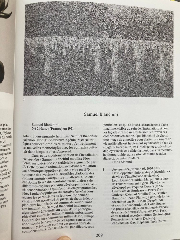 Artiste et enseignant-chercheur, Samuel Bianchini collabore avec de nombreux ingénieurs et scientifiques pour explorer les relations qu'entretiennent les nouvelles technologies avec les contextes culturels dans lesquels elles s'insèrent.
Dans cette troisième version de l'installation Prendre vie(s), Samuel Bianchini mobilise Flow Lenia, un logiciel de vie artificielle augmentee par IA. Cette forme d'animation, née d'une simulation mathématique appelée «jeu de la vie » en 1970, compose des systèmes susceptibles d'adopter des comportements émergents et inattendus.

Prendre vie(s), version 03, 2020-2025
Développement informatique (algorithmes de vie et d'intelligence artificielles):
Léon Denise et Adrian Mangel, sur la base de l'environnement logiciel Flow Lenia développé par l'équipe Flowers (Inris.
Université de Bordeaux - Pierre-Yves
Oudeyer, Clément Moulin-Fricr, Gautier Hamon et Erwan Plantee) à partir de Lenis. développé par Bert Chan (DeepMind). et avec la collaboration de Colin Bouvry Ce projet a bénéficié du soutien de l'École des arts décoratifs (Université PSL, Paris) et du festival accès)s( cultures électroniques
Remerciements: Alain Declercq.
Jean-Jacques Gay. Stéphane Trois Carrés
